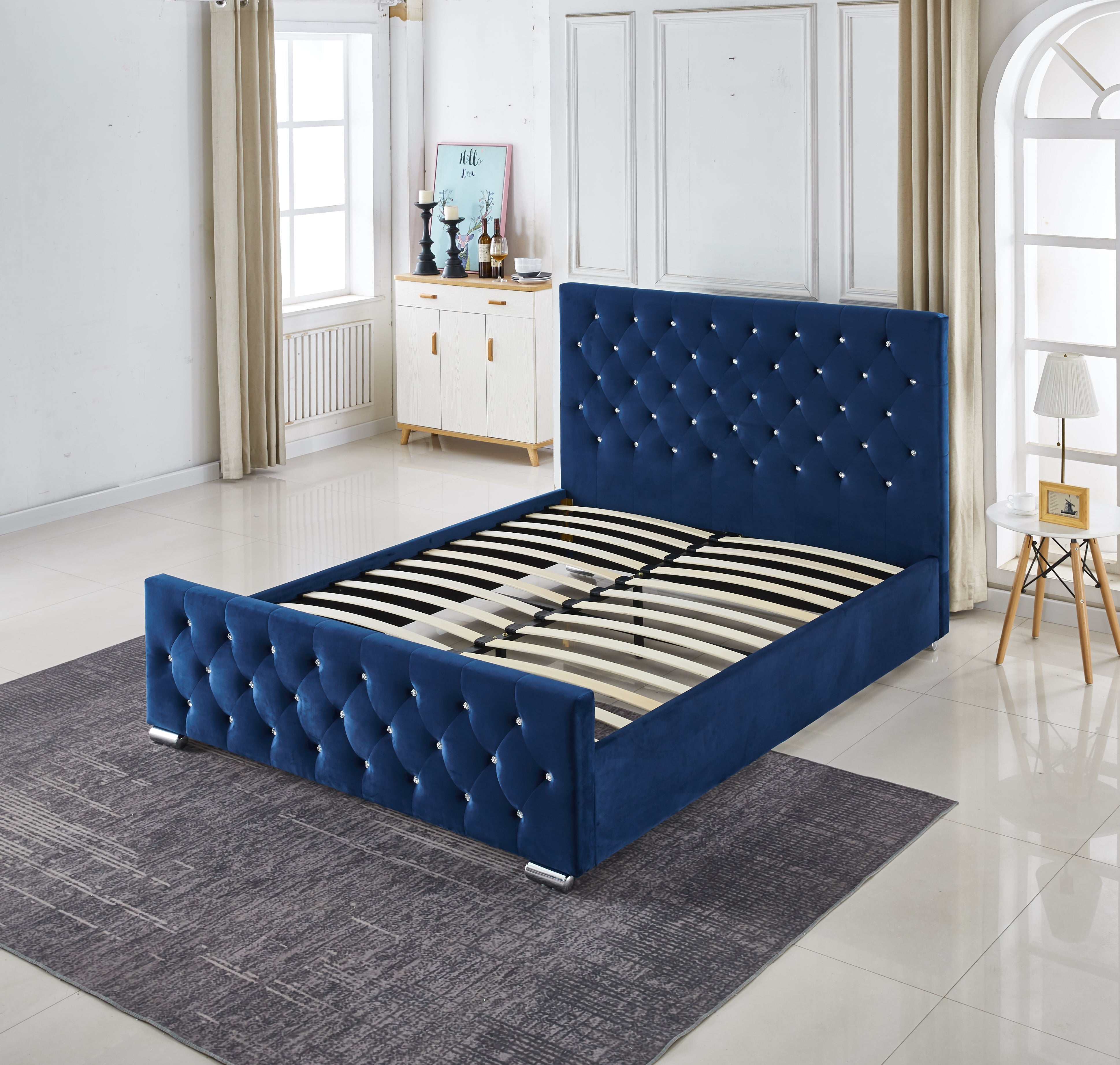 Lit  2 places 140x190 cm velours bleu sommier inclus PRESTIGE