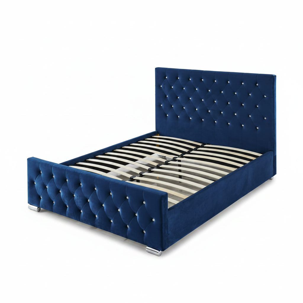 Lit  2 places 140x190 cm velours bleu sommier inclus PRESTIGE