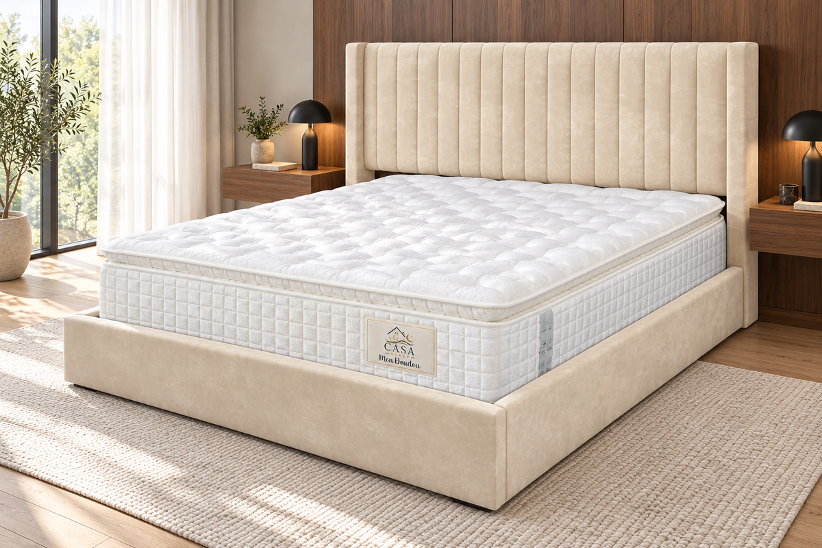 Matelas 160 × 200 cm beige — Photo en situation — lit et accessoires non inclus