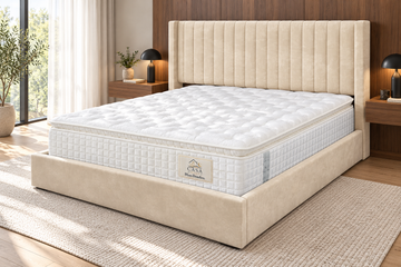 Matelas 140 × 190 cm beige — Photo en situation — lit et accessoires non inclus