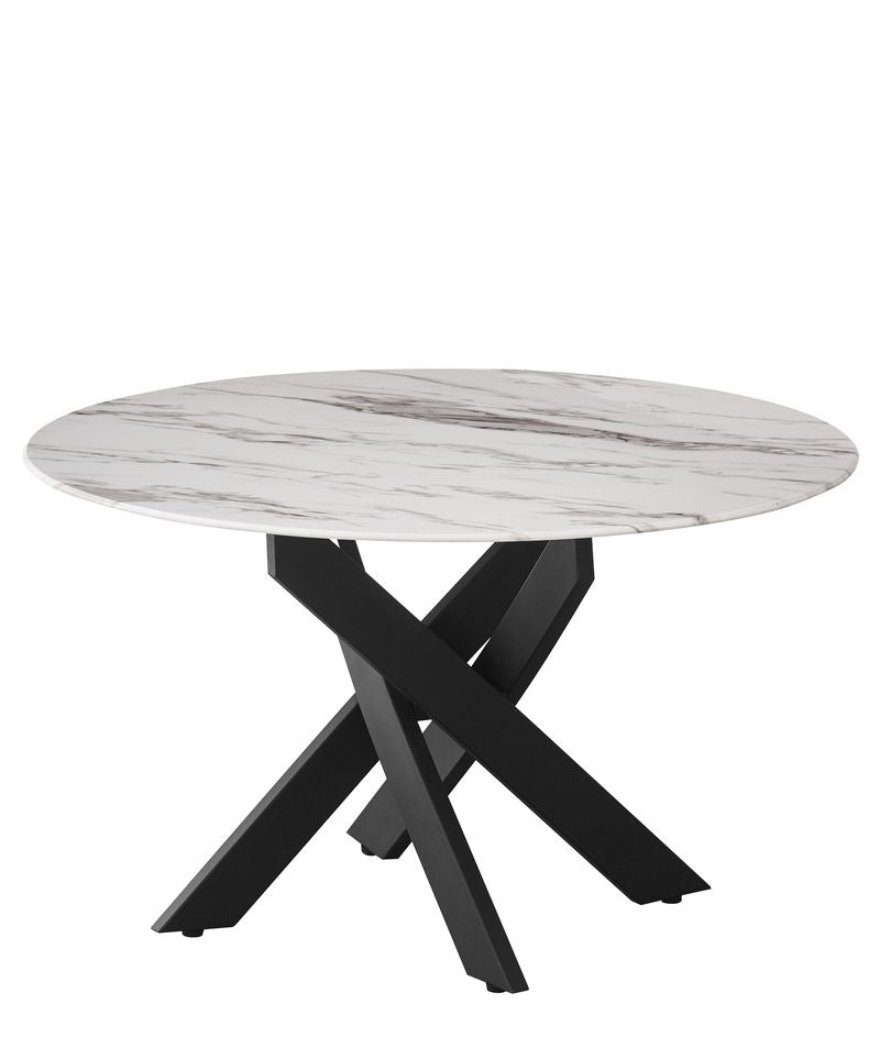 Table Basse JESSY Ronde Plateau Verre Trempé Marbré Blanc Pieds Métal Noir D80x45cm