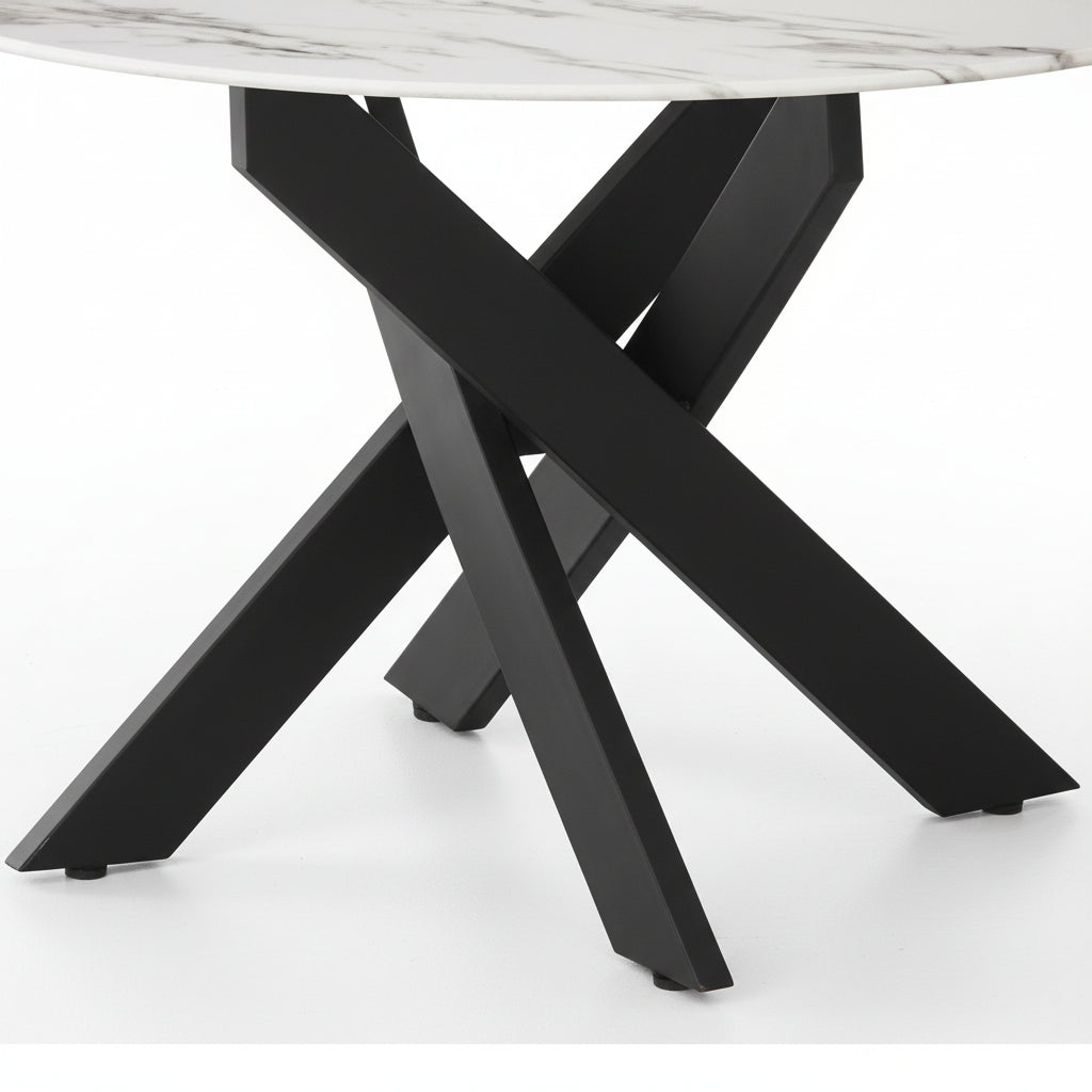 Table Basse JESSY Ronde Plateau Verre Trempé Marbré Blanc Pieds Métal Noir D80x45cm