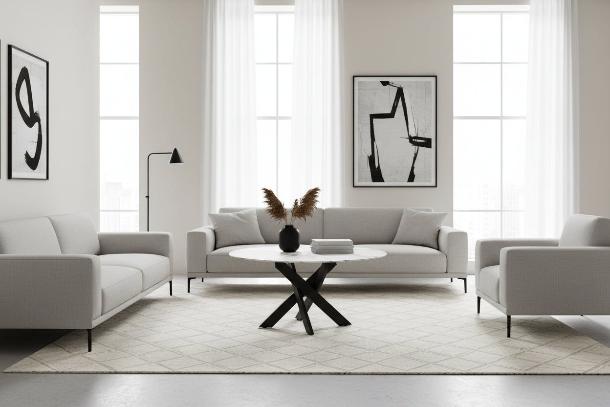 Table Basse JESSY Ronde Plateau Verre Trempé Marbré Blanc Pieds Métal Noir D80x45cm