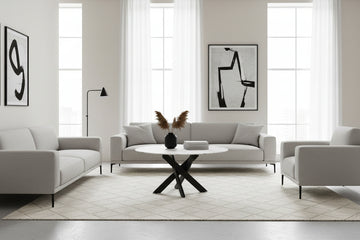 Table Basse JESSY Ronde Plateau Verre Trempé Marbré Blanc Pieds Métal Noir D80x45cm
