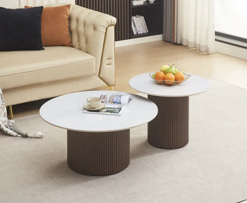 Duo Tables Gigognes Rondes Céramique Marbre Blanc & Pied Noyer Ø80 cm – BAIETA
