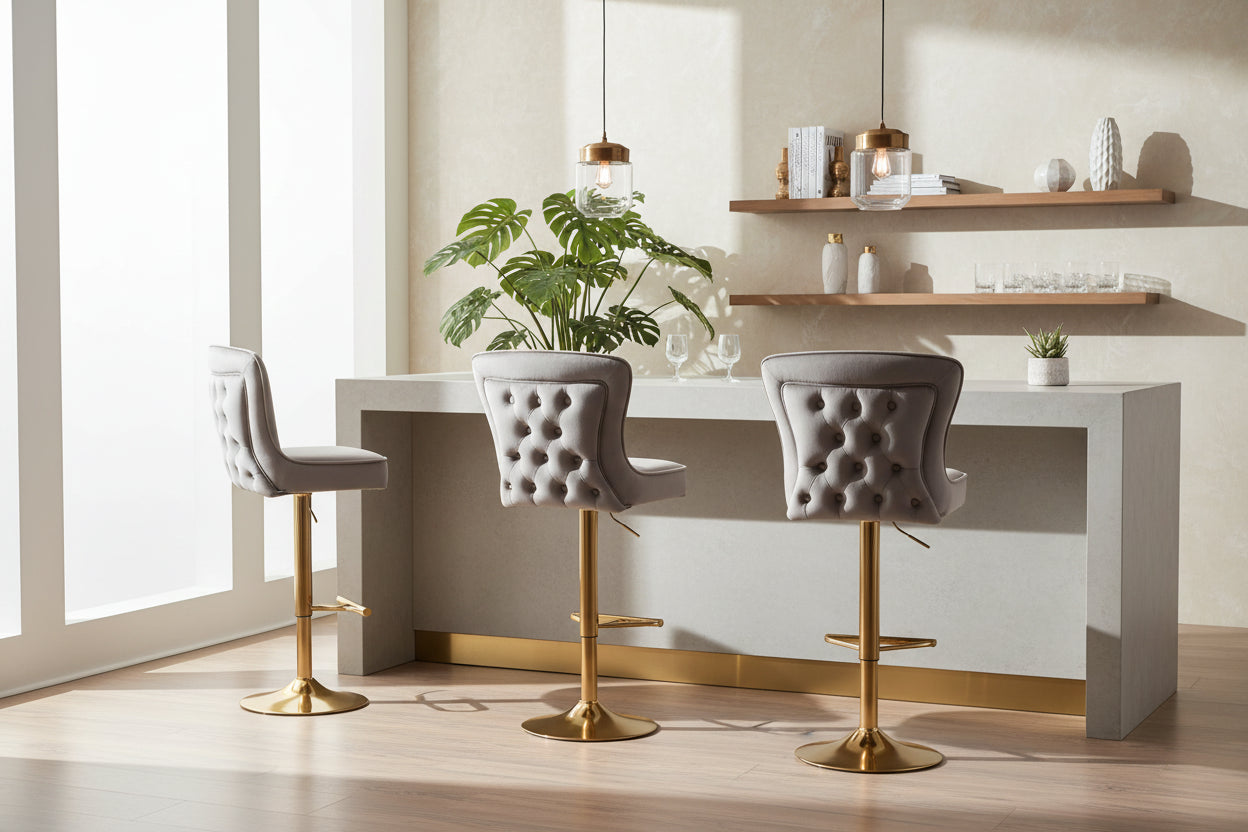 Lot 2 Tabourets de Bar Gabrielle Velours Moka Pieds Gold Hauteur Assise 65cm