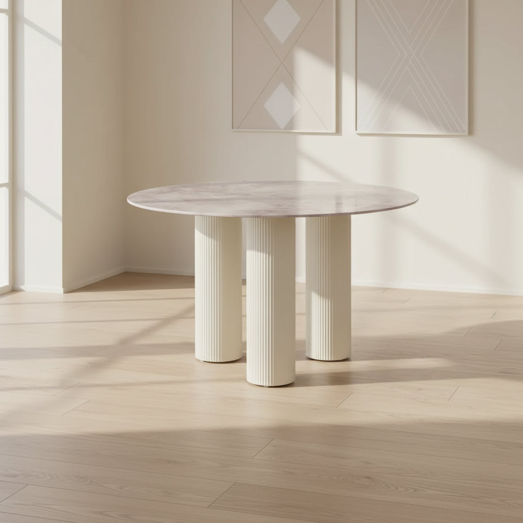 Table repas ANAIS pieds beige plateau céramique 120 cm #couleur_marbré-gris