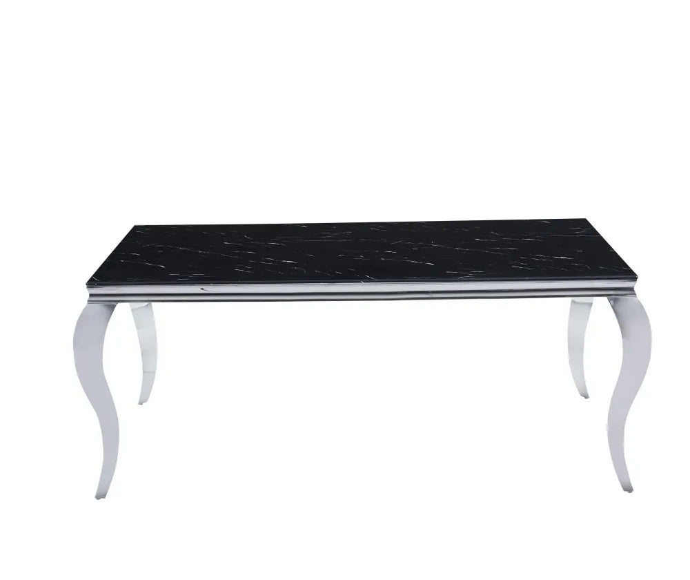 Table à manger BAROQUE 4 à 6 couverts pieds chrome plateau en verre 150x90 cm effet marbré noir