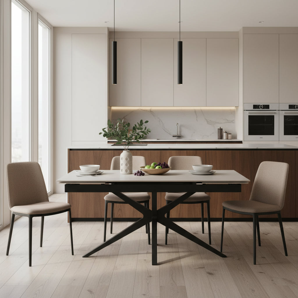 Table Repas Extensible Céramique Travertin Blanc – Métal Noir – 160/240x90x76 cm - TONIA