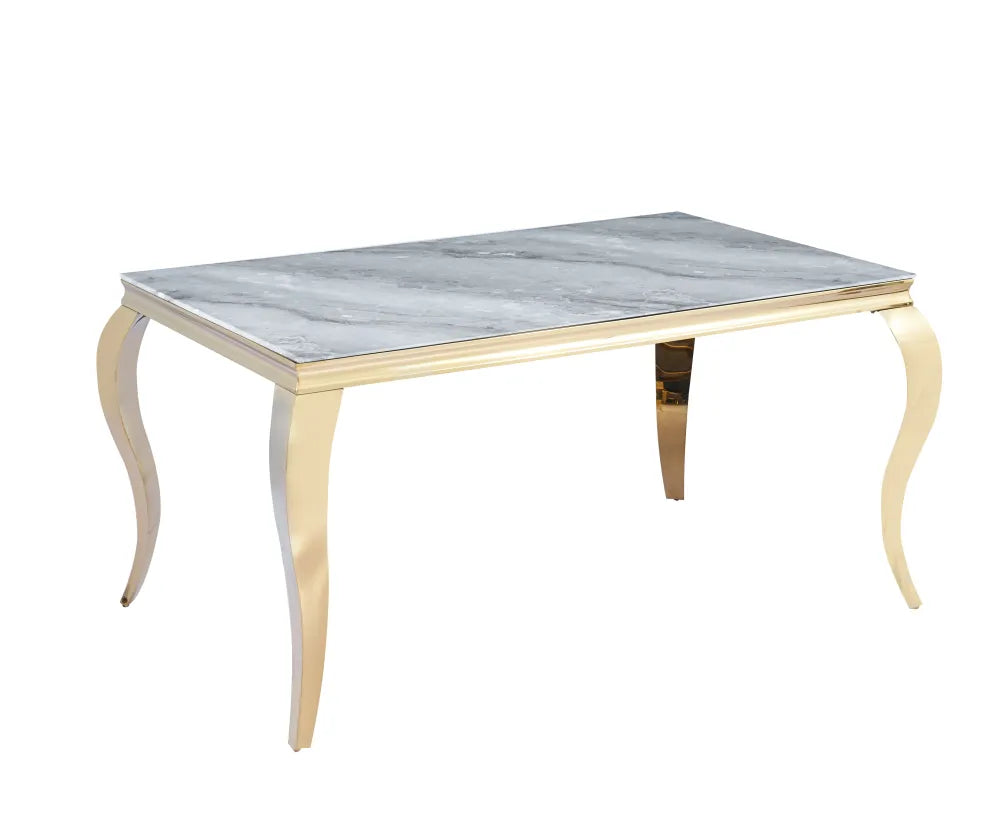 Table à manger BAROQUE 4 à 6 couverts pieds gold plateau en verre 150x90 cm #couleur_marbré-greige