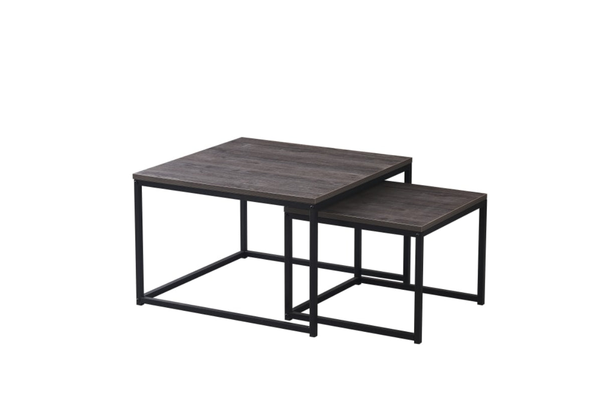 Lot 2 Tables Basses Gigognes BELGRADE Métal Noir Plateau Bois Gris 70x70x46 / 50x50x40cm