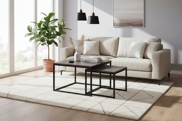 Lot 2 Tables Basses Gigognes BELGRADE Métal Noir Plateau Bois Gris 70x70x46 / 50x50x40cm
