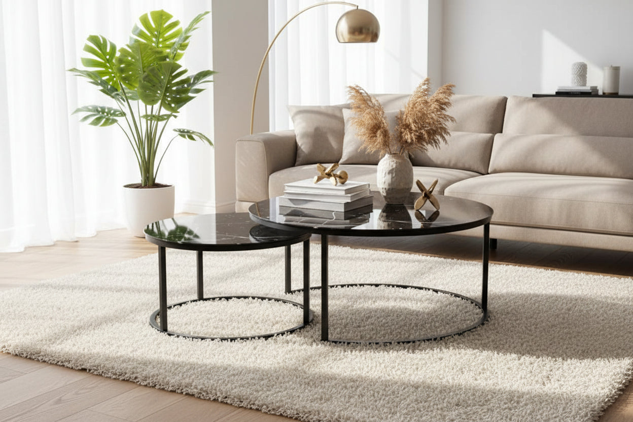 Lot 2 tables basses gigognes rondes effet marbré noir D80 D60 ARTO