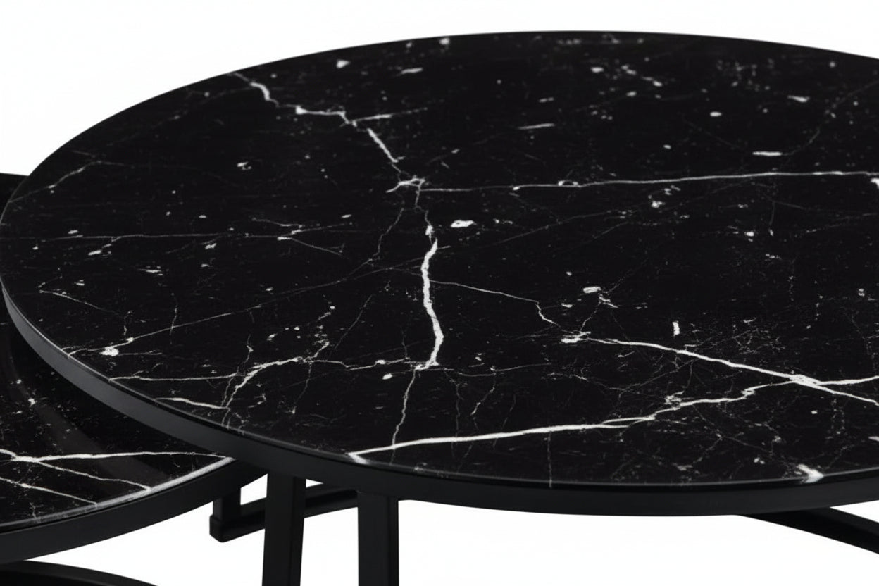 Lot 2 tables basses gigognes rondes effet marbré noir D80 D60 ARTO