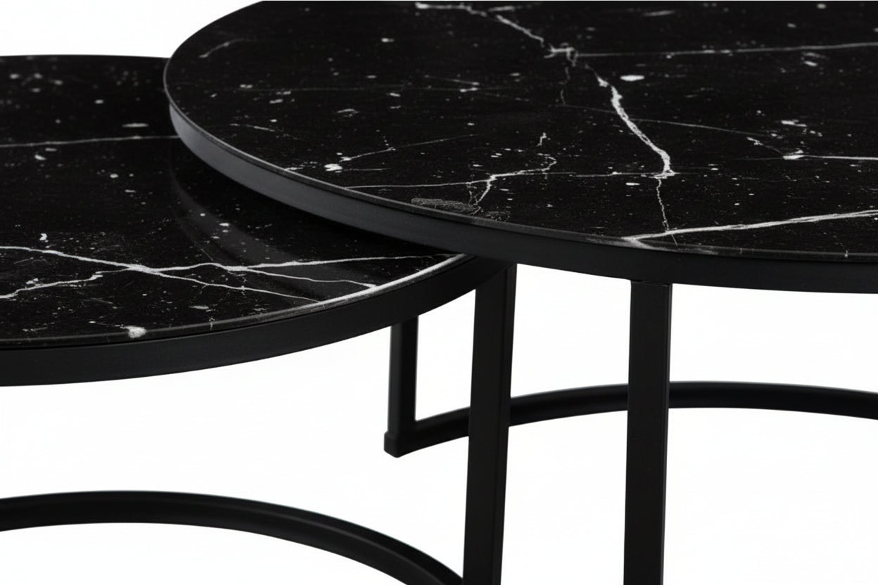 Lot 2 tables basses gigognes rondes effet marbré noir D80 D60 ARTO