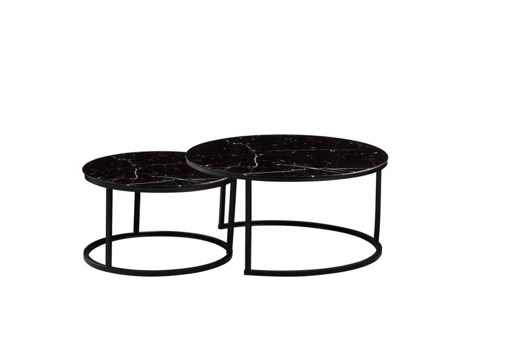 Lot 2 tables basses gigognes rondes effet marbré noir D80 D60 ARTO