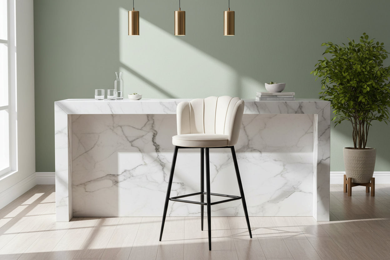 Lot 2 Tabourets de Bar Nymphea Velours Écru Réglables Pieds Métal Noir Hauteur Assise 69cm