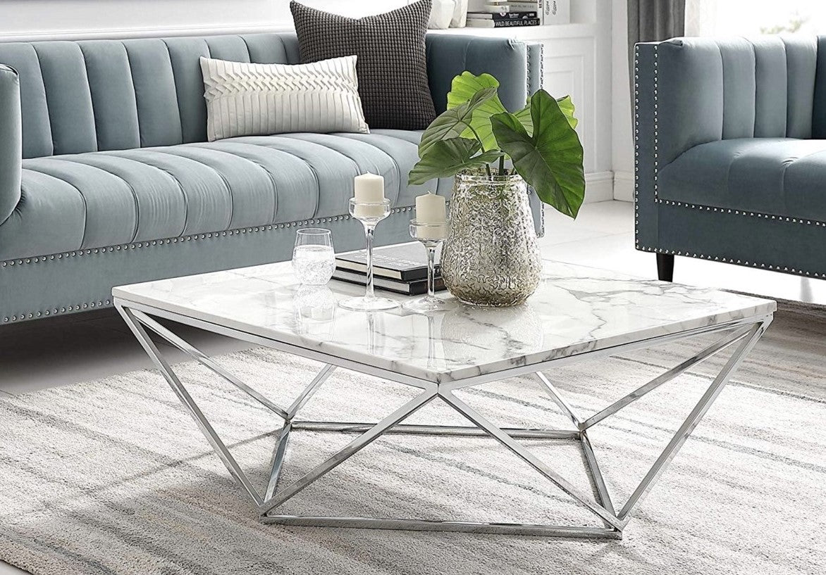 Table Basse ALINA Carrée Plateau Verre Trempé Marbré Blanc Pieds Chrome 80x80x45cm