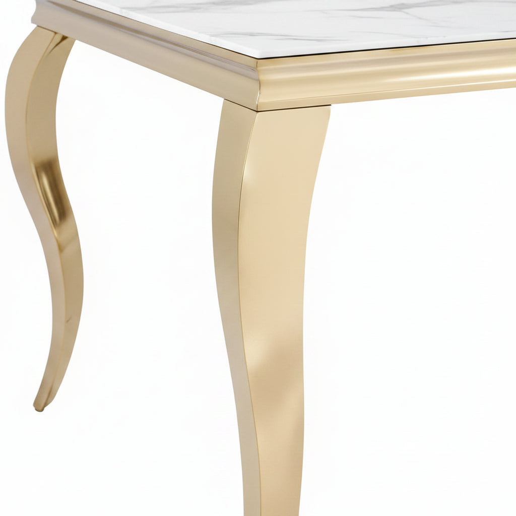 Table à manger BAROQUE 6 à 8 couverts pieds gold plateau en verre 180x90 cm #couleur_marbré-blanc