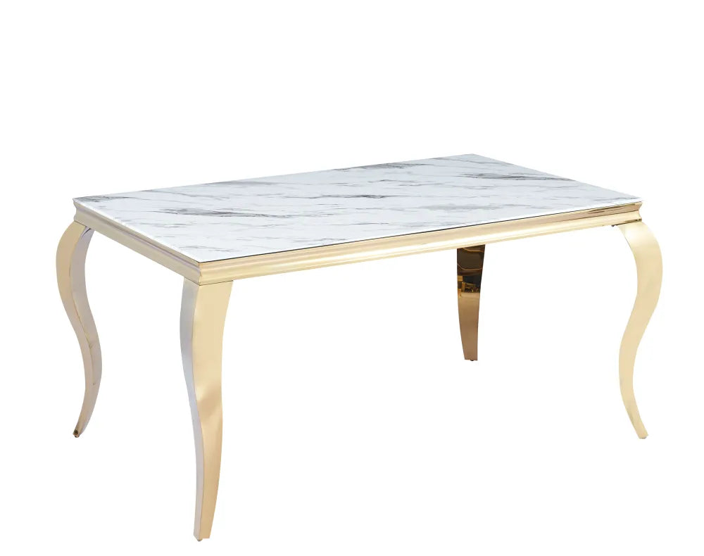 Table à manger BAROQUE 6 à 8 couverts pieds gold plateau en verre 180x90 cm #couleur_marbré-blanc