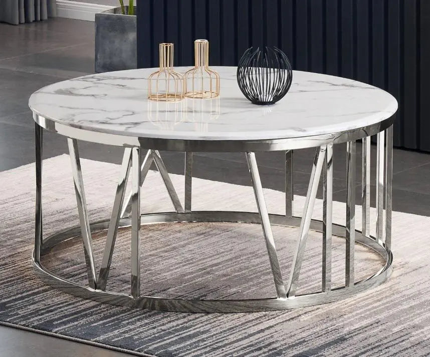 Table Basse ATMOS Ronde Plateau Verre Trempé Marbré Blanc Pieds Chrome D80x45cm
