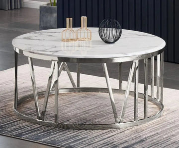 Table Basse ATMOS Ronde Plateau Verre Trempé Marbré Blanc Pieds Chrome D100x45cm