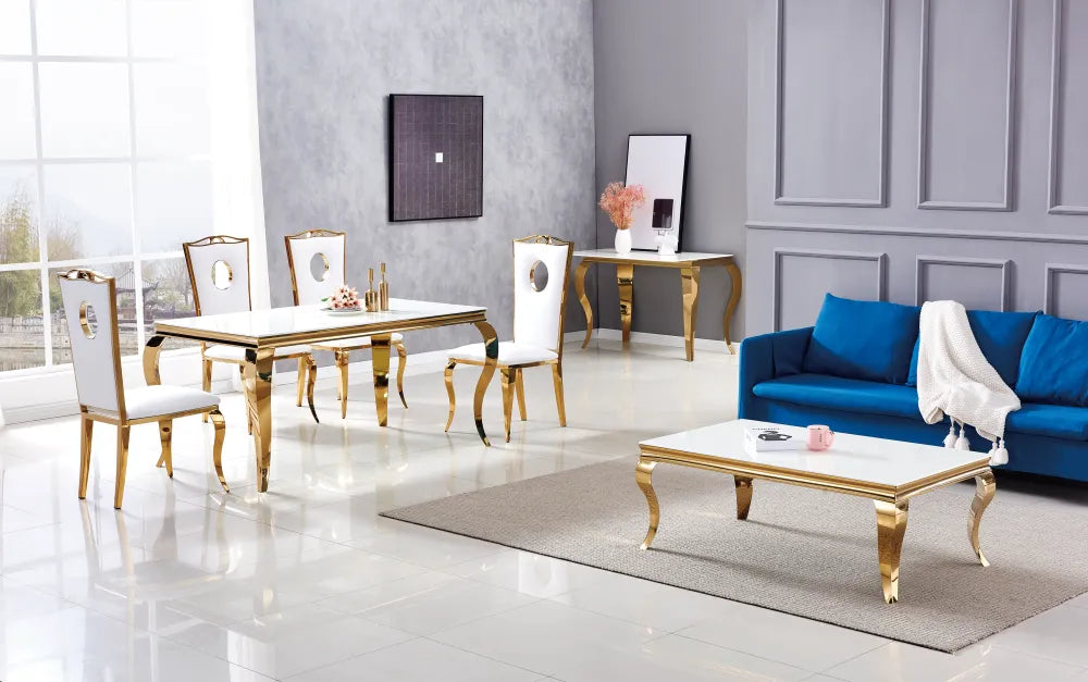 Table à manger BAROQUE 6 à 8 couverts 180x90 cm pieds gold plateau en verre blanc