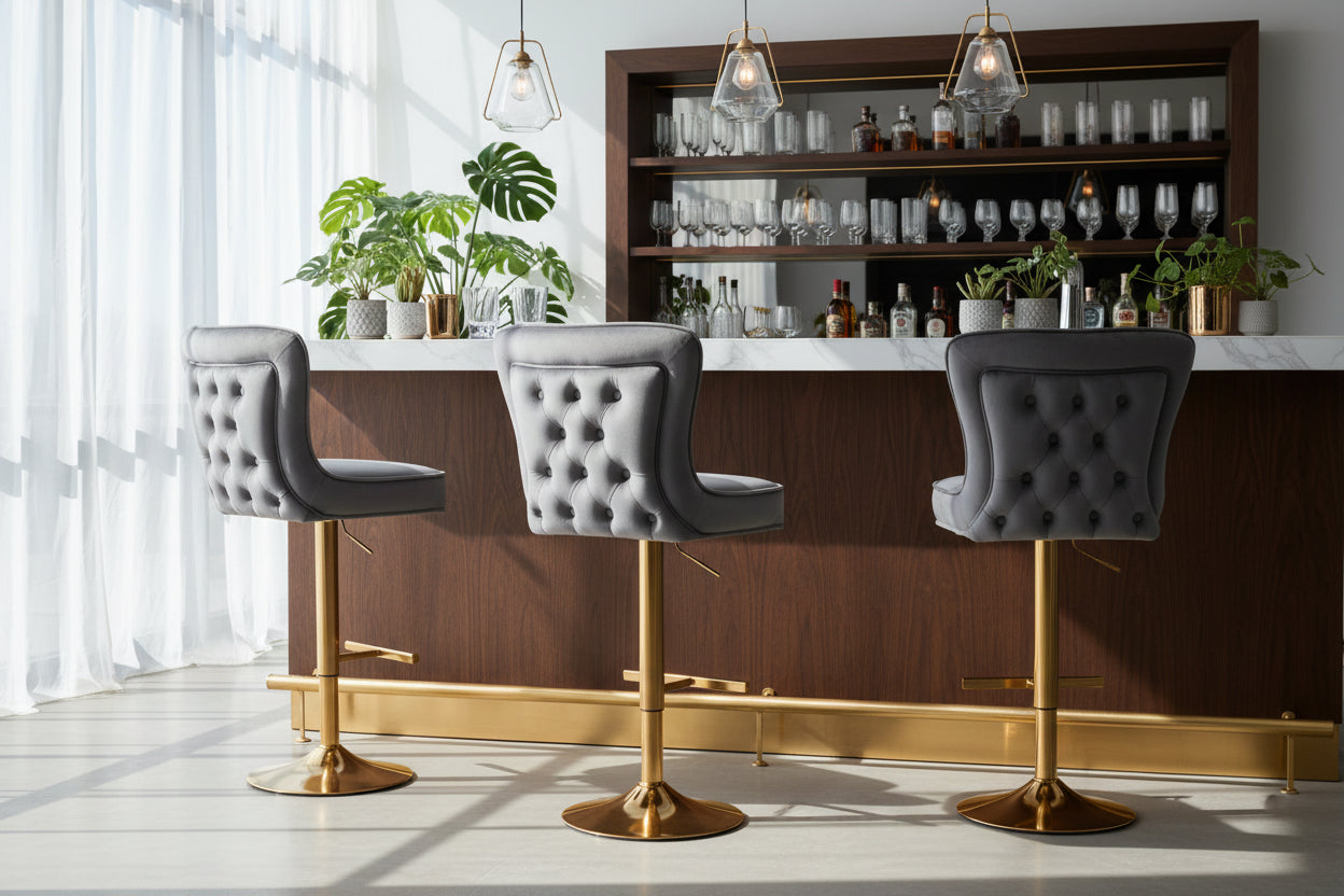 Lot 2 Tabourets de Bar Gabrielle Velours Anthracite Pieds Gold Hauteur Assise 65cm