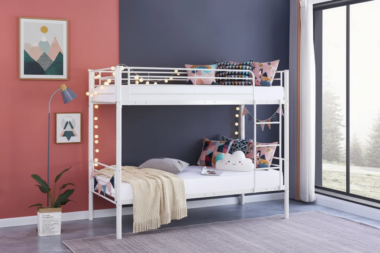 Pack Lit superposé séparable métal 2 couchages 90x190 cm blanc + 2 matelas LUNA