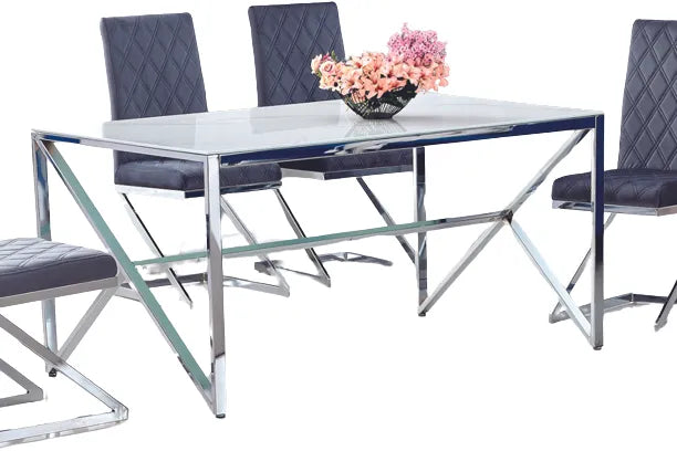 Table à Manger Chrome Verre Trempé Marbré Blanc – 150×90 cm – MAJESTIQUE