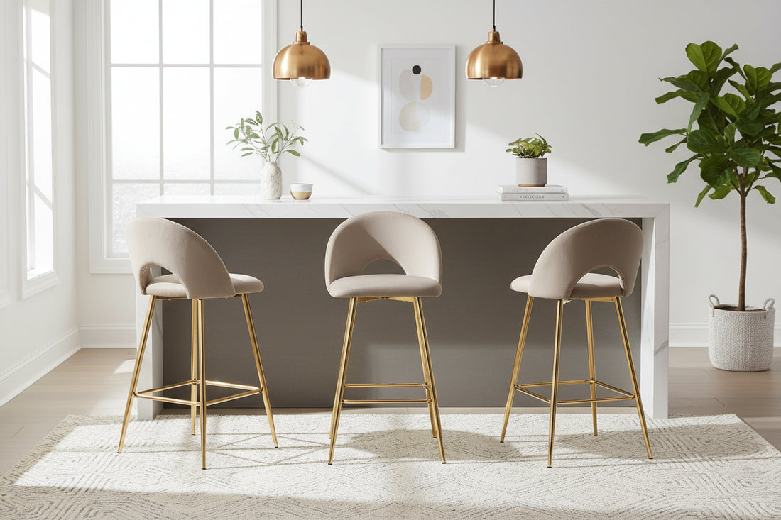 Lot de 2 tabourets de bar TEDDY pied gold velours #couleur_taupe