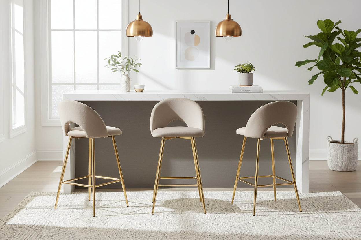 Lot 2 Tabourets de Bar Teddy Velours Taupe Pieds Gold 47x36x98cm