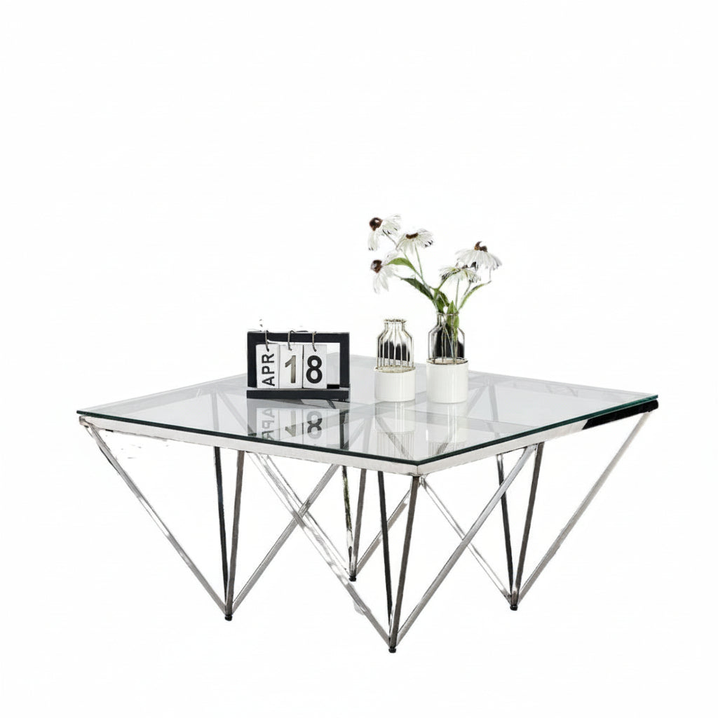 Table Basse Carrée GIZE Plateau Verre Trempé Transparent Pieds Chrome 80x80x45cm
