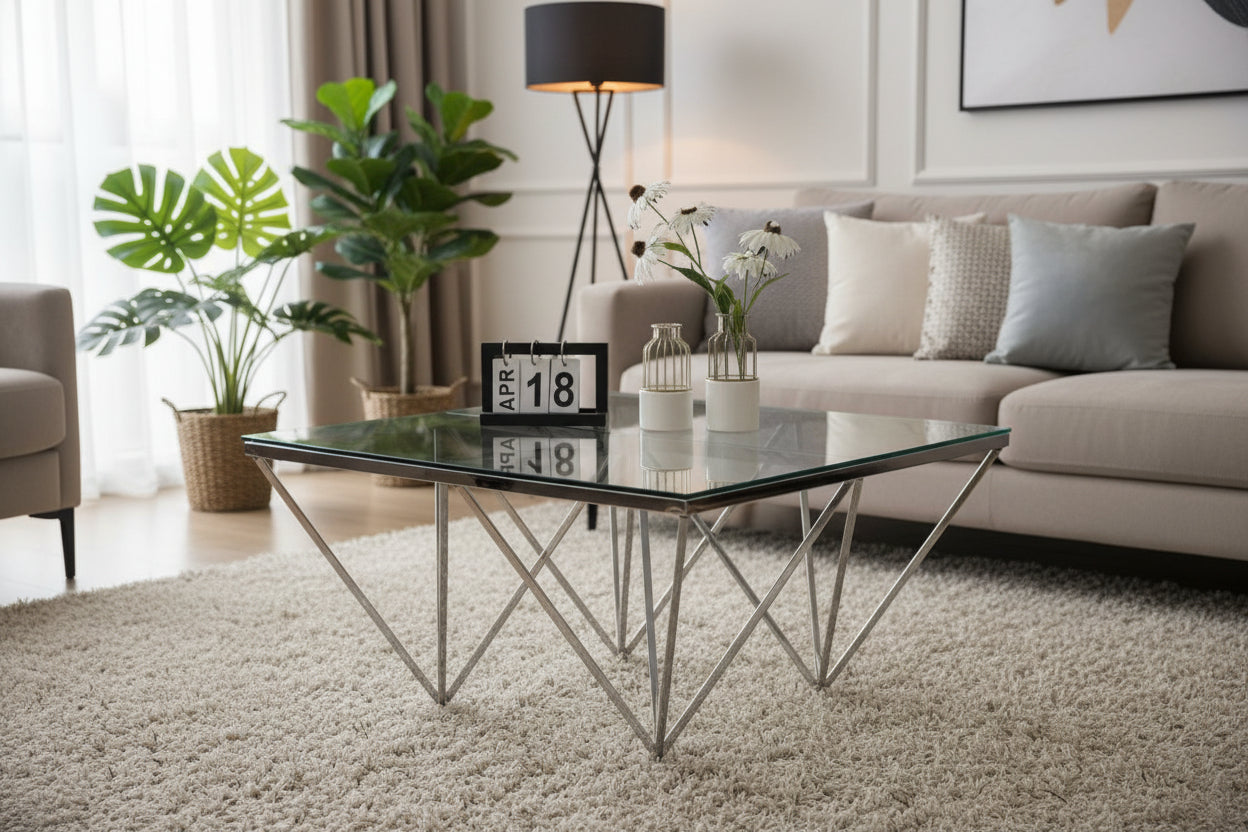 Table Basse Carrée GIZE Plateau Verre Trempé Transparent Pieds Chrome 80x80x45cm