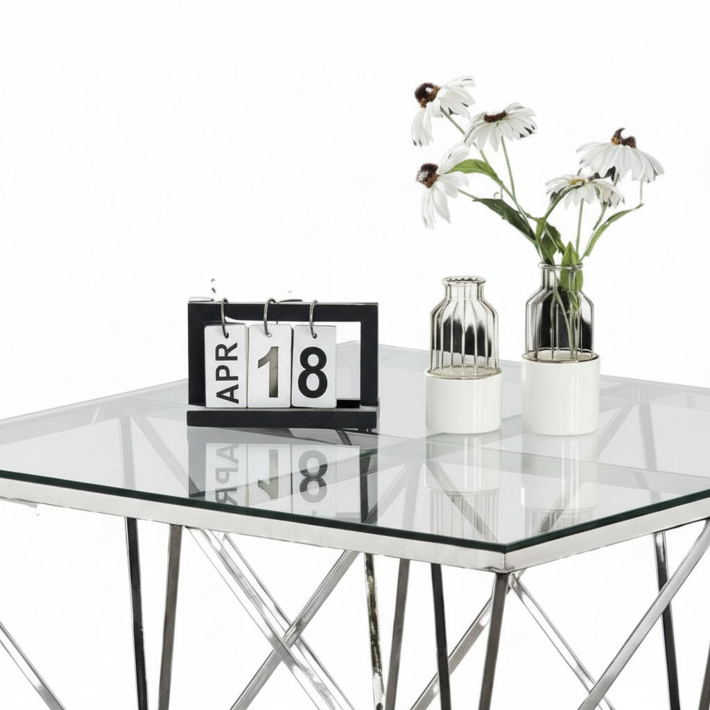 Table Basse Carrée GIZE Plateau Verre Trempé Transparent Pieds Chrome 80x80x45cm