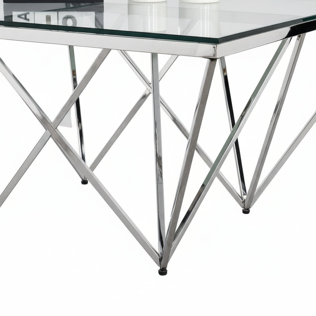 Table Basse Carrée GIZE Plateau Verre Trempé Transparent Pieds Chrome 80x80x45cm