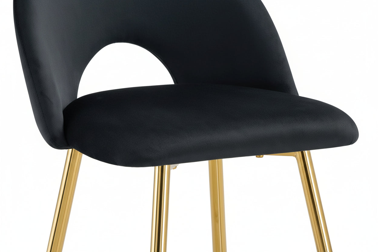 Lot 2 Tabourets de Bar Teddy Velours Noir Pieds Gold 47x36x98cm