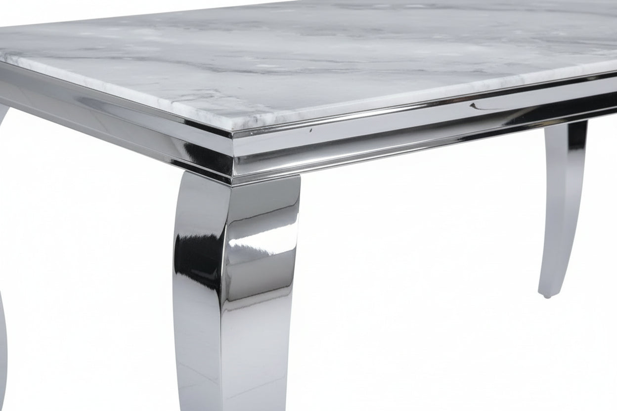 Table à manger BAROQUE 4 à 6 couverts pieds chrome plateau en verre 150x90 cm #couleur_marbré-greige