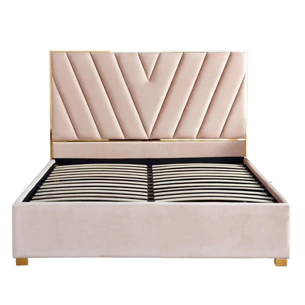 Lit adulte VERA 140x190 cm en velours beige avec sommier intégré