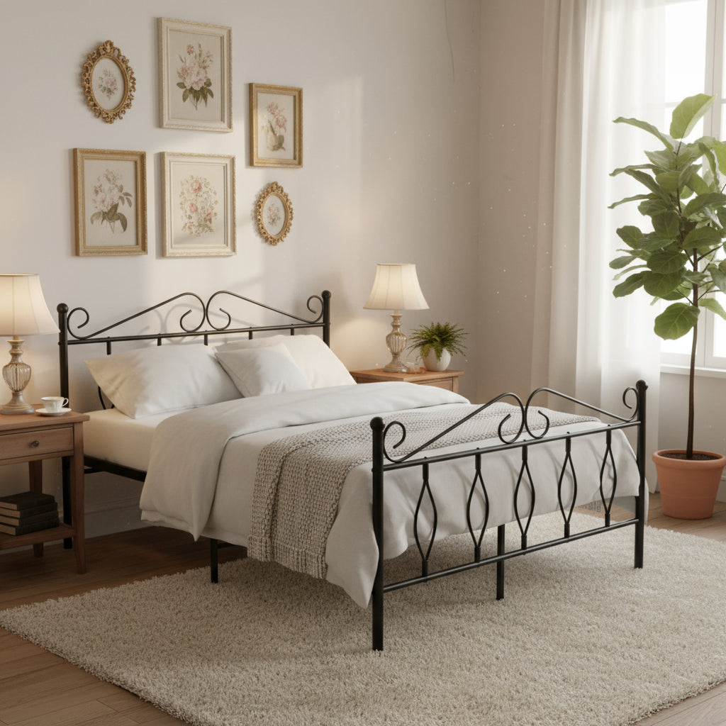 Lit 2 Places JULIE en Métal Noir – 140x190 cm avec Sommier Inclus