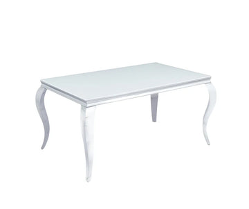 Table à manger BAROQUE 4 à 6 couverts pieds chrome plateau en verre 150x90 cm #couleur_blanc