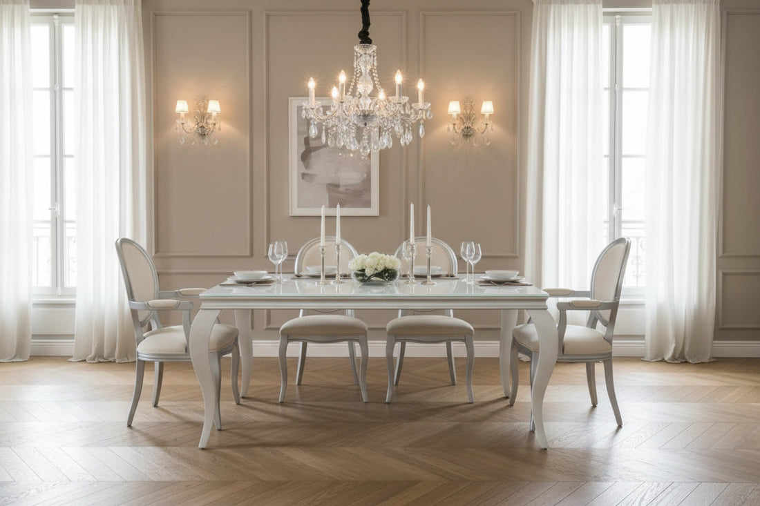 Table à manger BAROQUE 6 à 8 couverts pieds chrome plateau en verre 180x90 cm #couleur_blanc