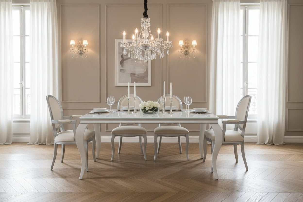 Table à manger BAROQUE 6 à 8 couverts pieds chrome plateau en verre 180x90 cm #couleur_blanc