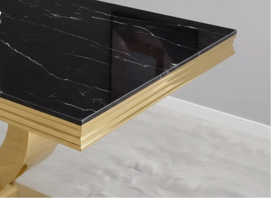 Table à manger TROFY 6 à 8 personnes gold verre MARBRE NOIR 180x90 cm