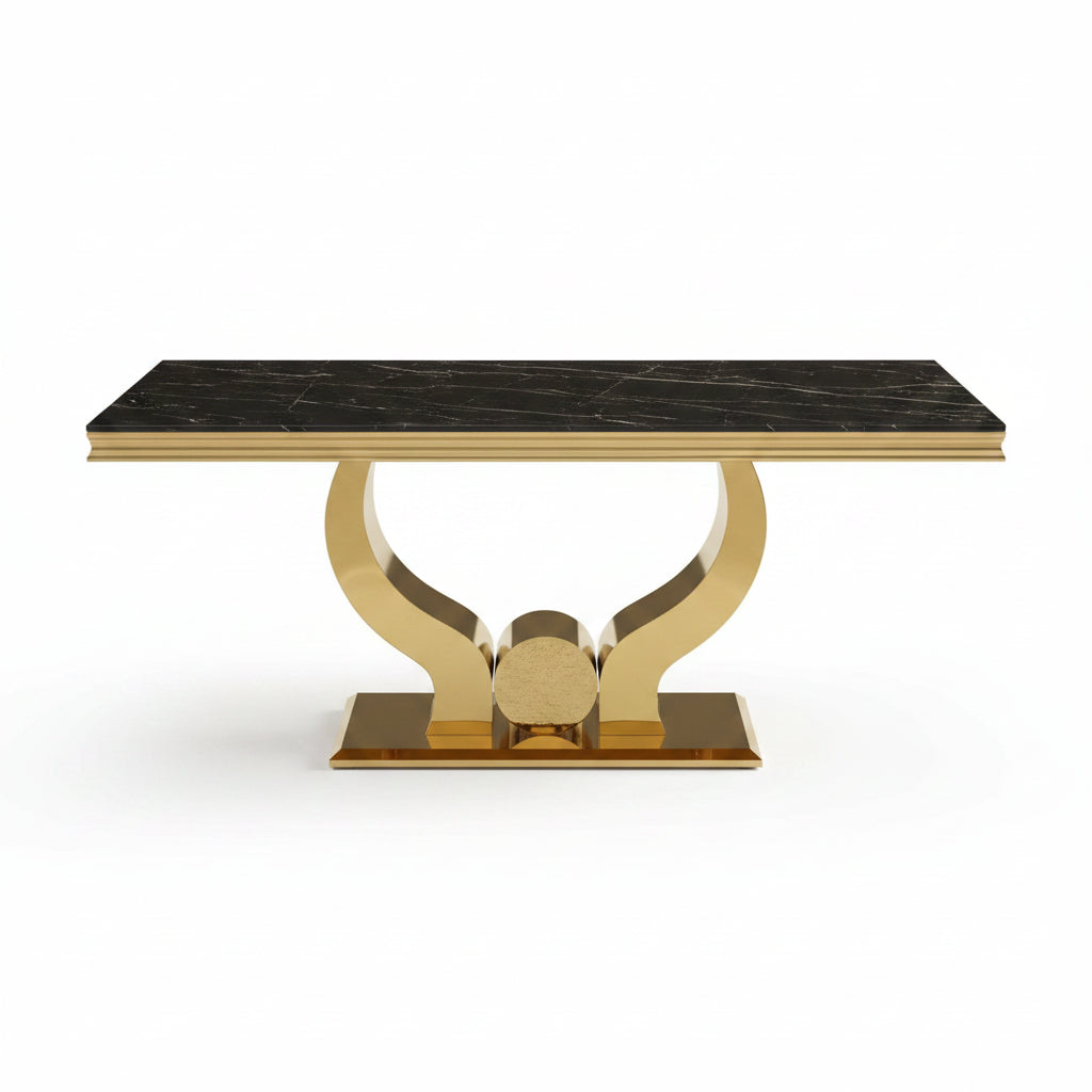 Table à manger TROFY 6 à 8 personnes gold verre MARBRE NOIR 180x90 cm