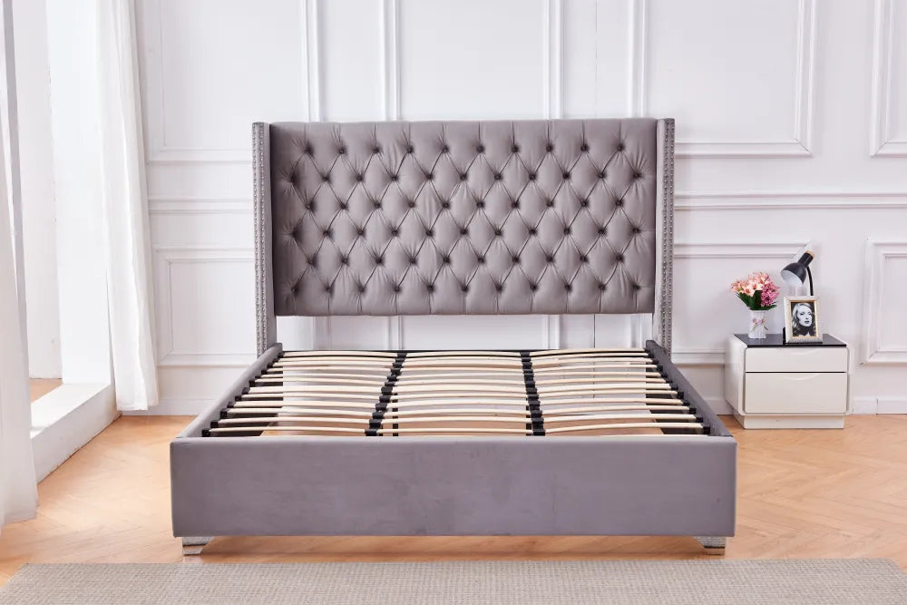 Lit double 180x200 cm velours gris tête capitonnée sommier inclus PRINCESSE
