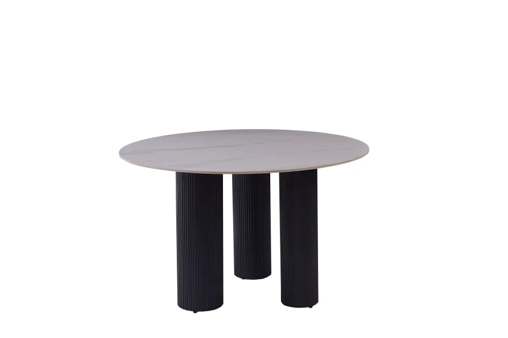 Table repas ANAIS pieds noir plateau céramique 120 cm #couleur_marbré-blanc