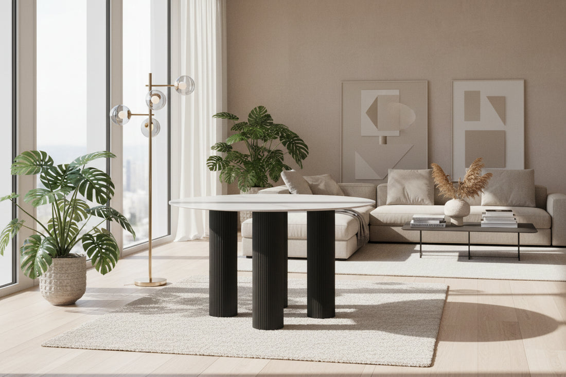 Table repas ronde céramique marbré blanc 120 cm pieds noirs – ANAIS