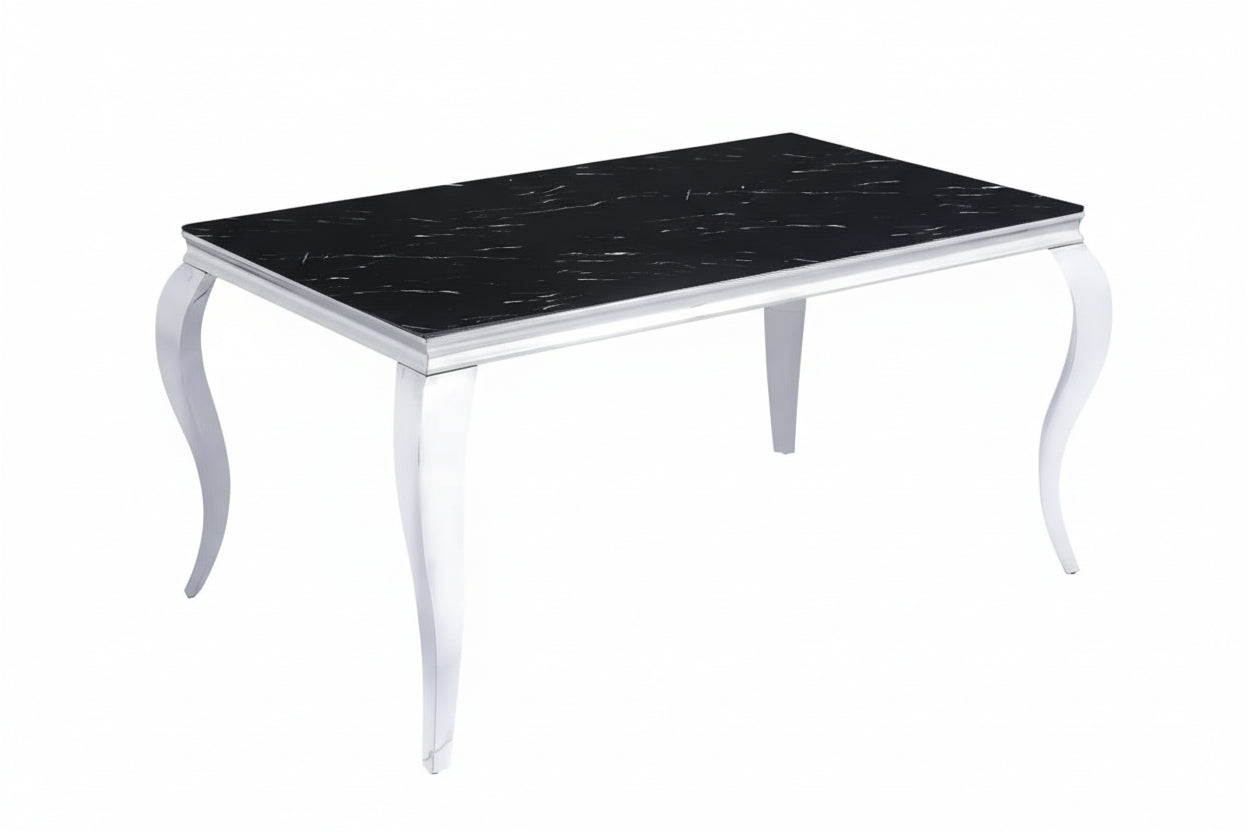 Table à manger BAROQUE 6 à 8 couverts pieds chrome plateau en verre 180x90 cm #couleur_marbré-noir