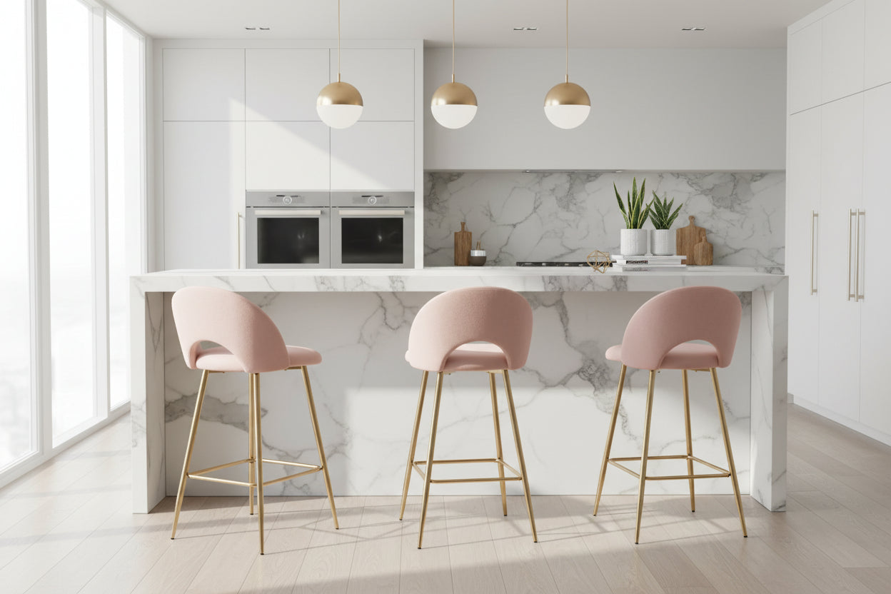 Lot 2 Tabourets de Bar Teddy Velours Rose Pieds Gold 47x36x98cm